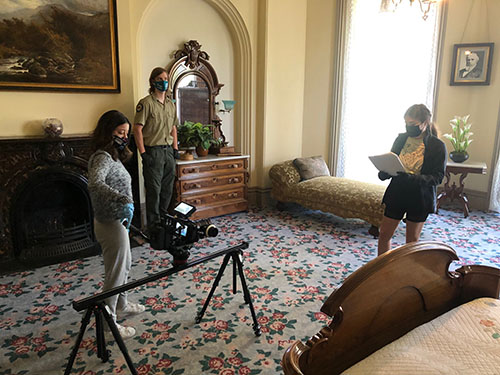 Camyrn Wilson, Elijah Yager and Presley Burgess filming in one of the bedrooms of the Bidwell Mansion